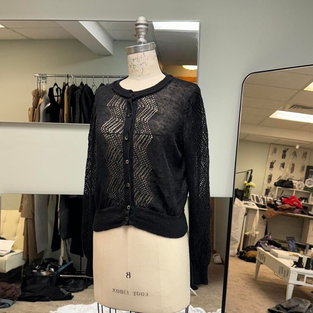 Black Linen Pointelle Sweater Cardigan